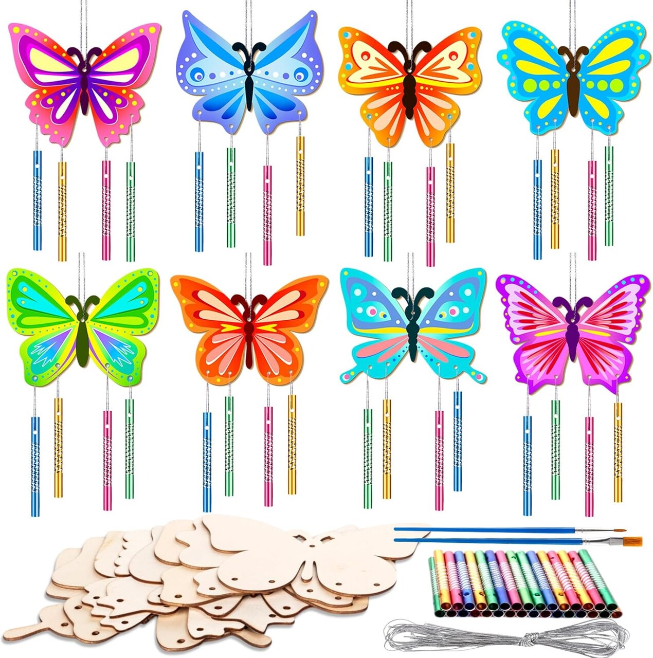 8Pcs Spring Butterfly Wind Chime Kit, Wooden Wind Chime Kits for Kids, Butterfly Party Favors for DIY Craft for Birthday and Summer